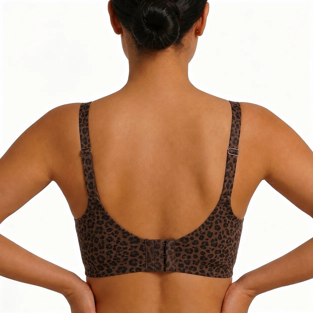 Reggiseno Lovelle senza cuciture leopardato marrone, visto da dietro senza cuciture visibili