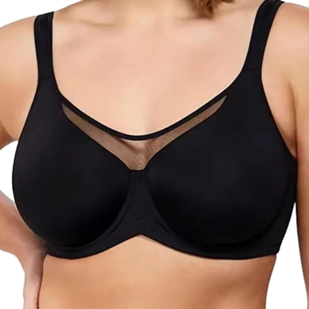 Dettaglio di Lovelle Skin Support nero: pannello in rete alto al centro, coppa liscia e spalline larghe