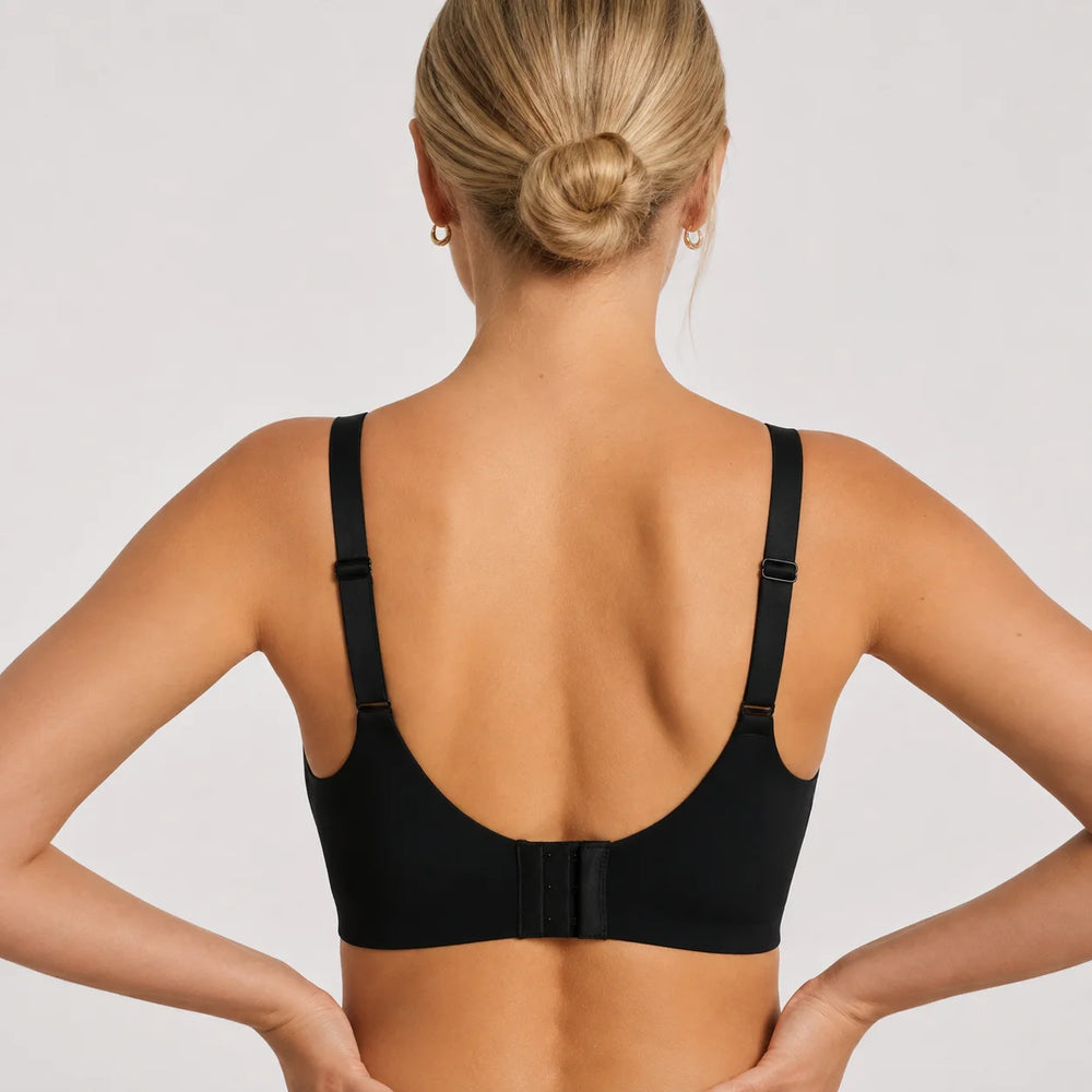 Reggiseno Lovelle senza cuciture e senza ferretto nero, visto da dietro con schiena liscia