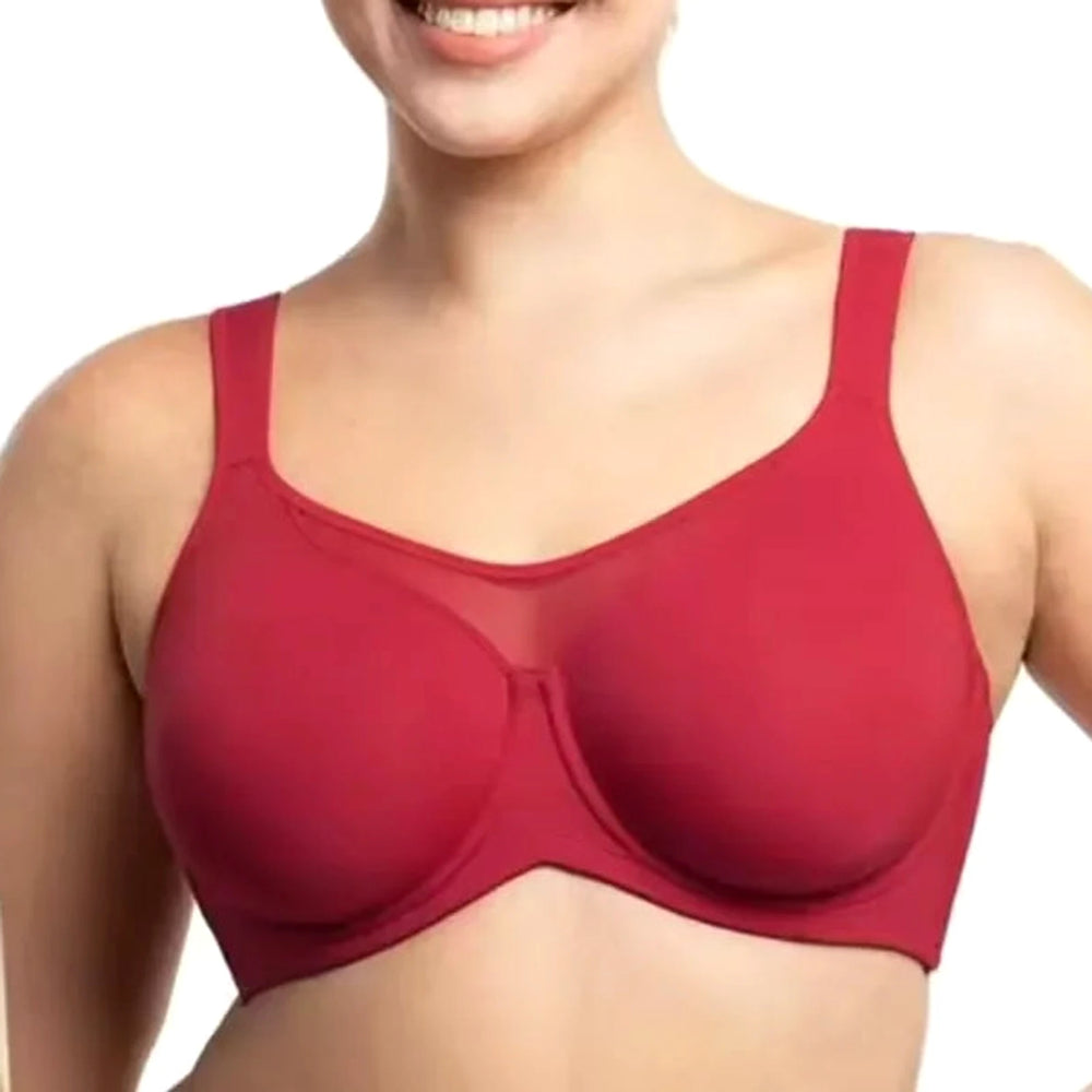 Lovelle Skin Support bordeaux su modella sorridente: pannello centrale alto e spalline larghe