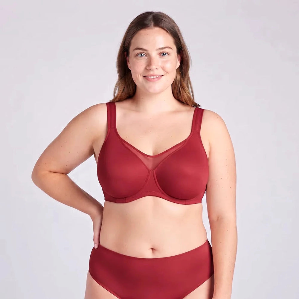 Reggiseno minimizer Lovelle Grace bordeaux con pannello centrale alto, su modella sorridente