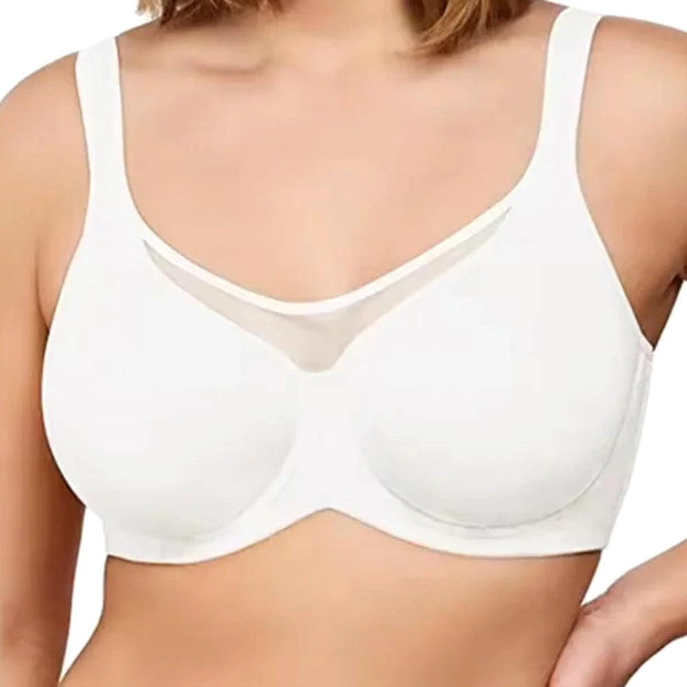 Dettaglio di Lovelle Skin Support bianco: coppa liscia non imbottita senza cuciture visibili e pannello in rete al centro
